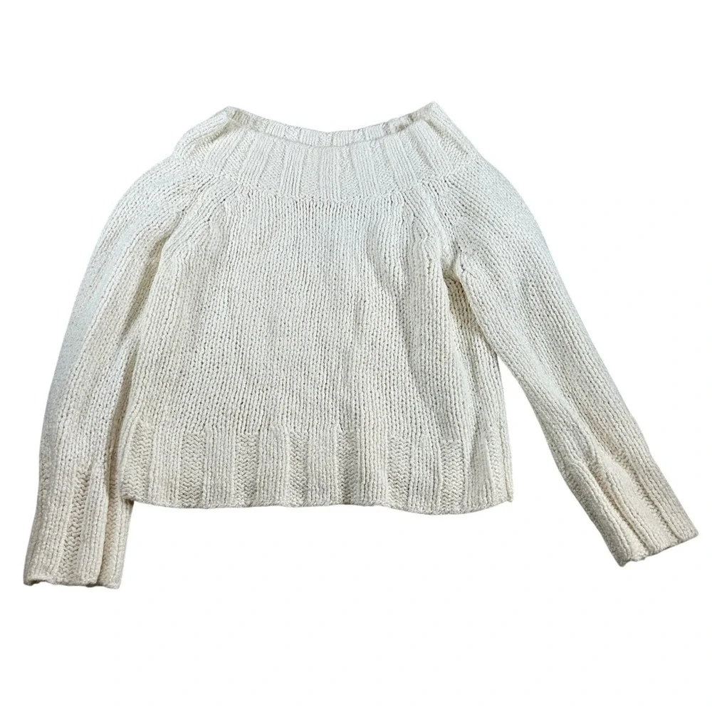 Free People Cream Chunky Knit Cotton Blend Boat Neck Sweater OB516146 Small